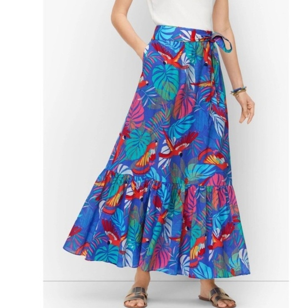 Talbots Petite Blue Tropical Parrot Palm Print Maxi Skirt Cotton Tiered PM